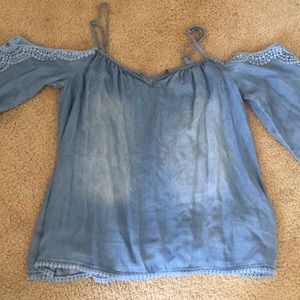 Denim off the shoulder top with bell sleeves